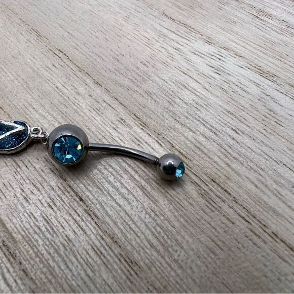 🍭4/$20 Blue glitter sandal flip flop flower jewel silver belly button ring - Picture 3 of 5